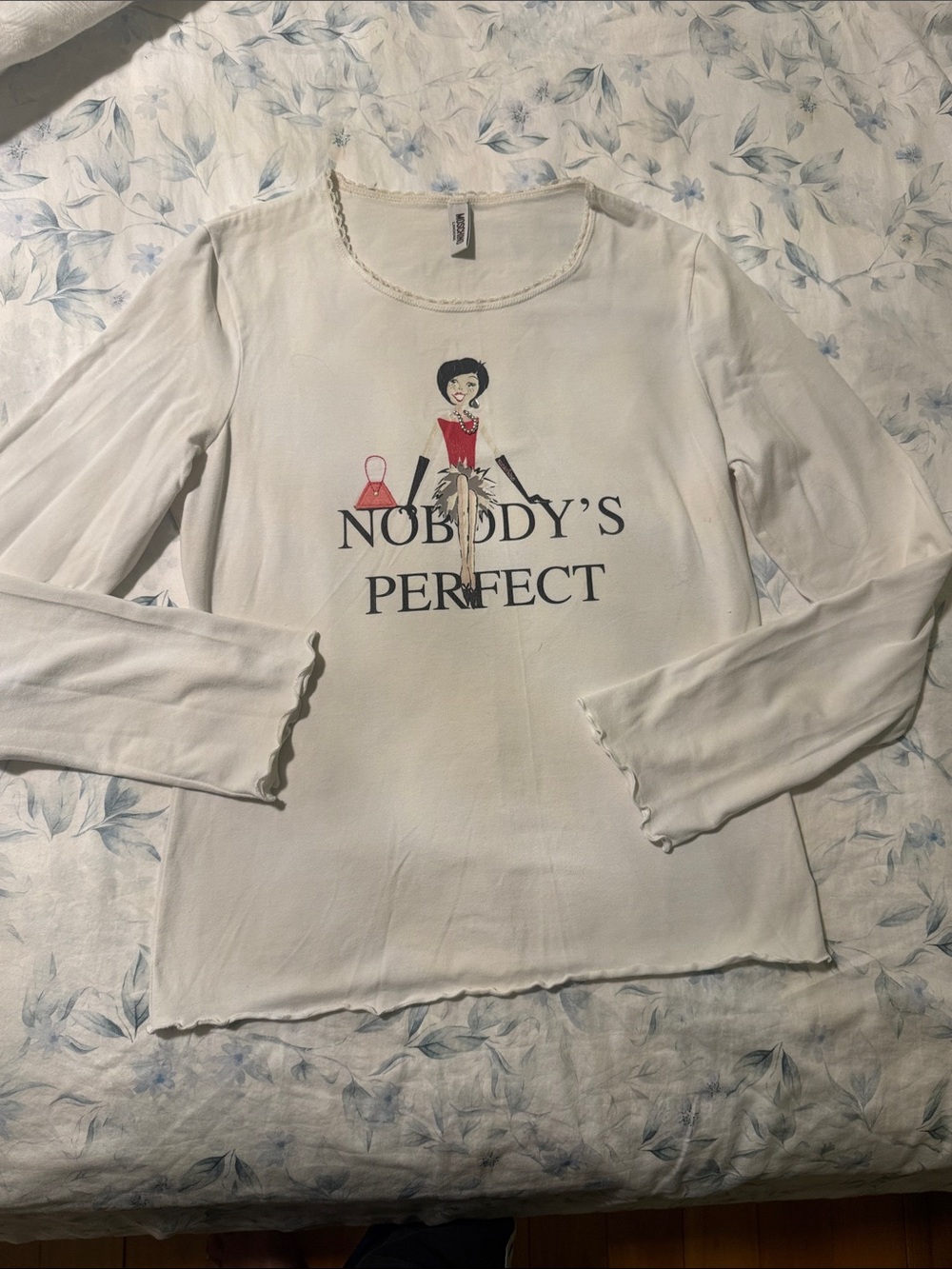 Moschino White Long Sleeve Graphic Tee with Red Accents